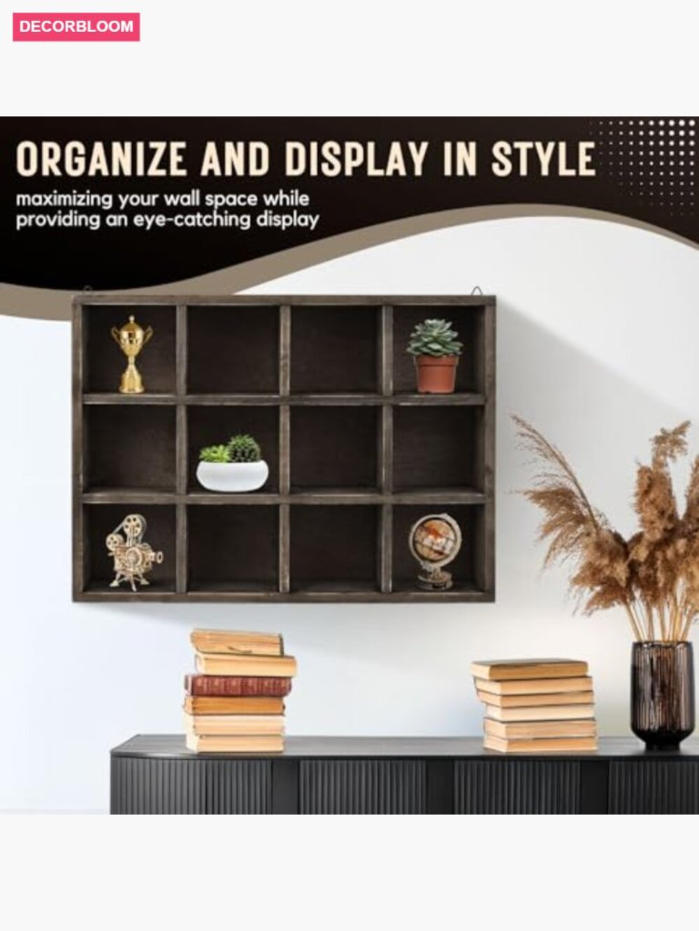 12-Compartment Rustic Wood Cubby Wall Shelf for Collectibles Display - Picture 3 of 7